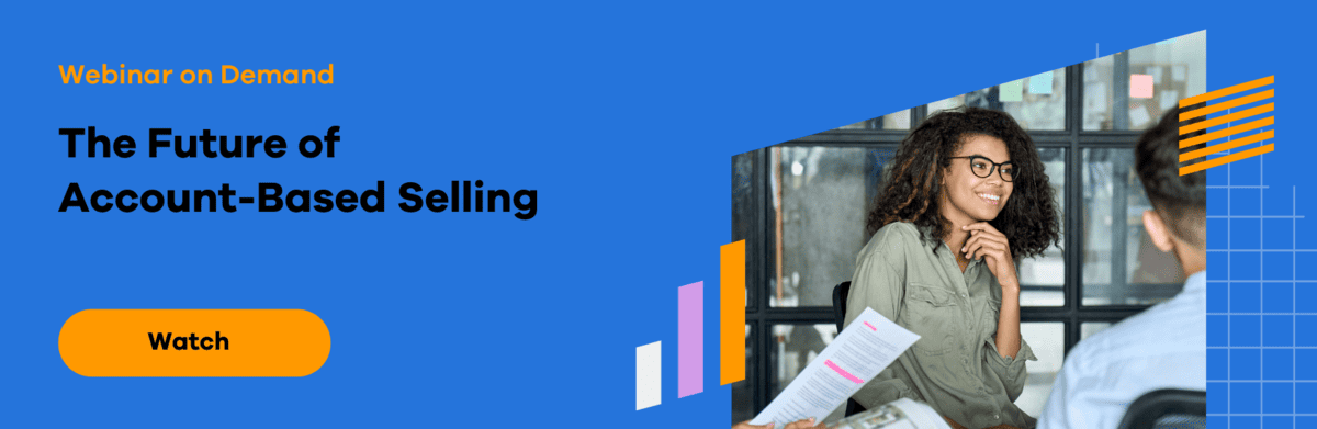 Webinar banner featuring "The Future of Account-Based Selling" with an inviting 'Watch' button, showcasing a smiling woman in a meeting, representing the collaborative aspect of modern selling strategies.