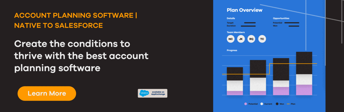 Promotional graphic for Salesforce-native account planning software highlighting key features and a snapshot of a strategic plan overview dashboard with 'Learn More' call-to-action button.
