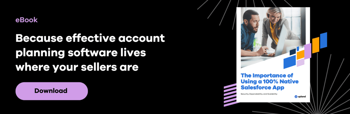 Banner for an eBook on "Because effective account planning software lives where your sellers are," featuring a download button, alongside an image promoting the importance of using a 100% Native Salesforce App for account planning.