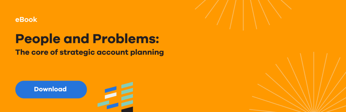 eBook: People and Problems - The core of strategic account planning. Download button with abstract graphic elements and a bright orange background.