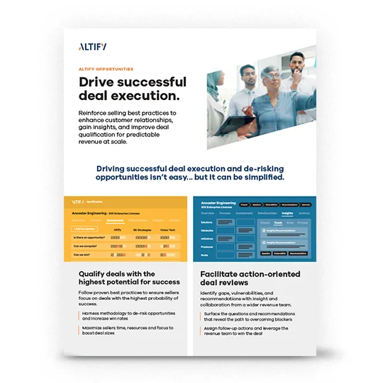 Altify Opportunity Manager data sheet illustrating strategies for successful deal execution and customer relationship enhancement.